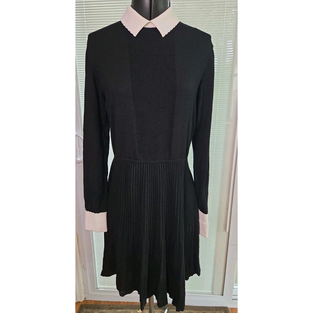 Tory Burch Black Wool Sweater Dress White Collar Pleated Knit Long Sleeve Medium